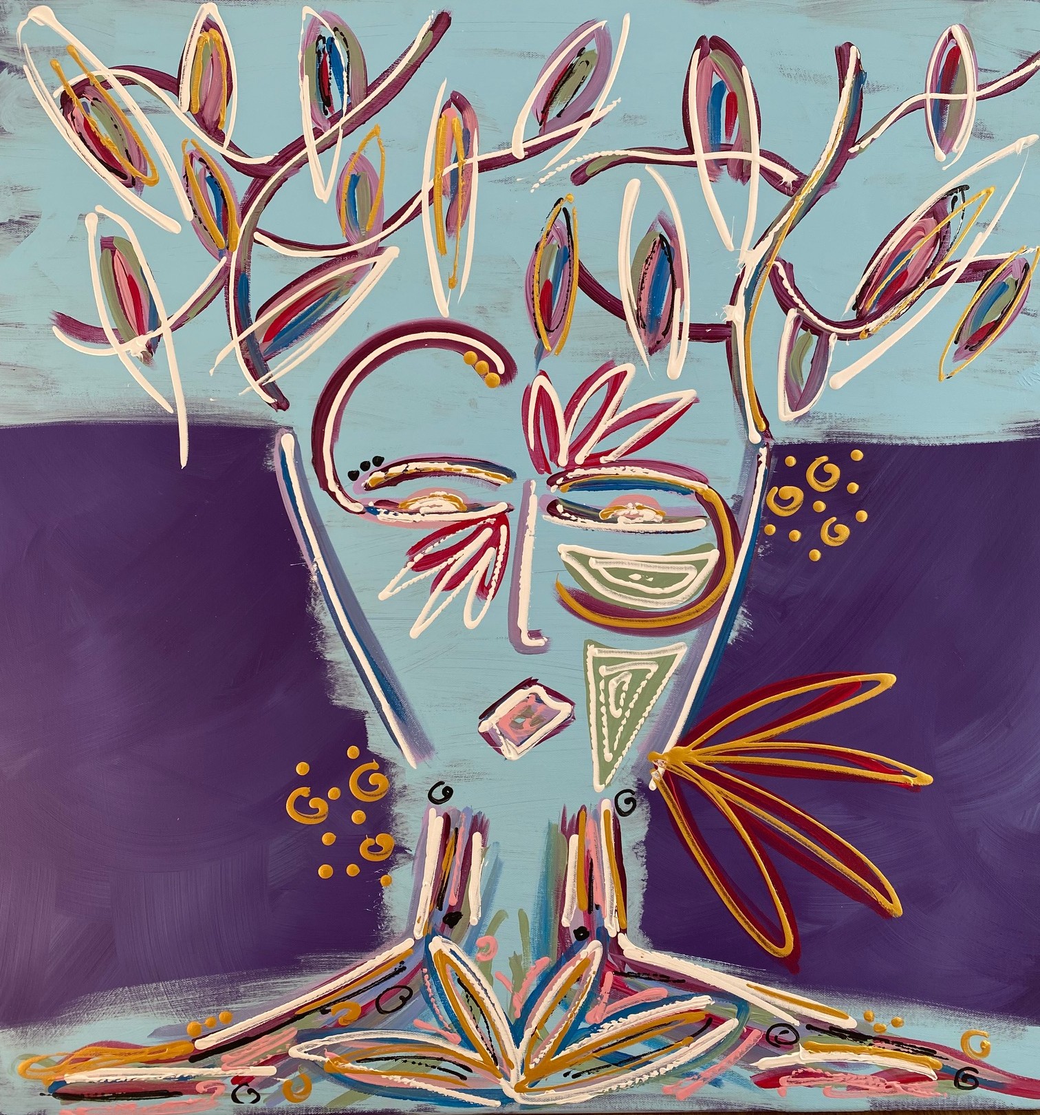 Painting of Mr. Live abroad, a abstract portrait in red, yellow, light blue on deep blue background