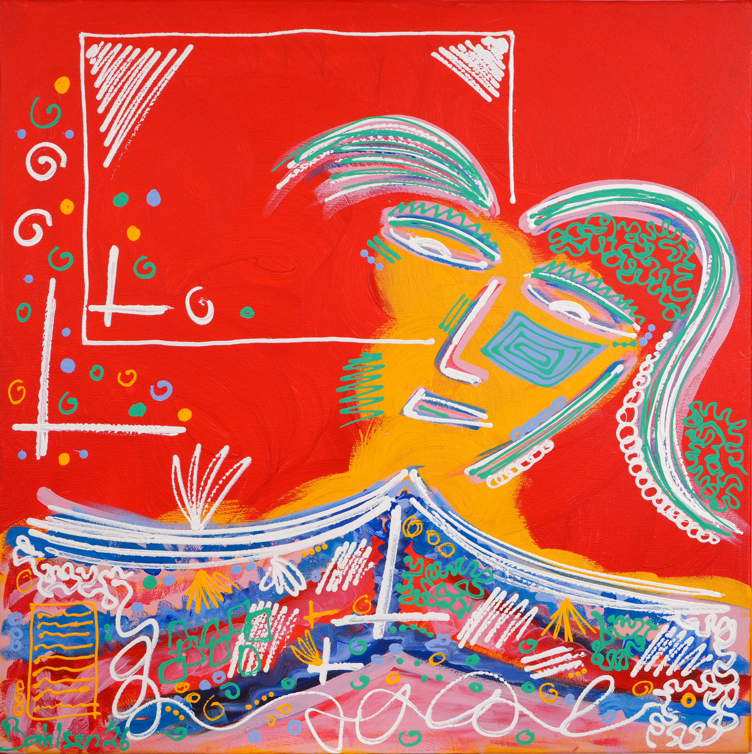 Painting of Mr. Live abroad, a abstract portrait in red, yellow, light blue on deep blue background