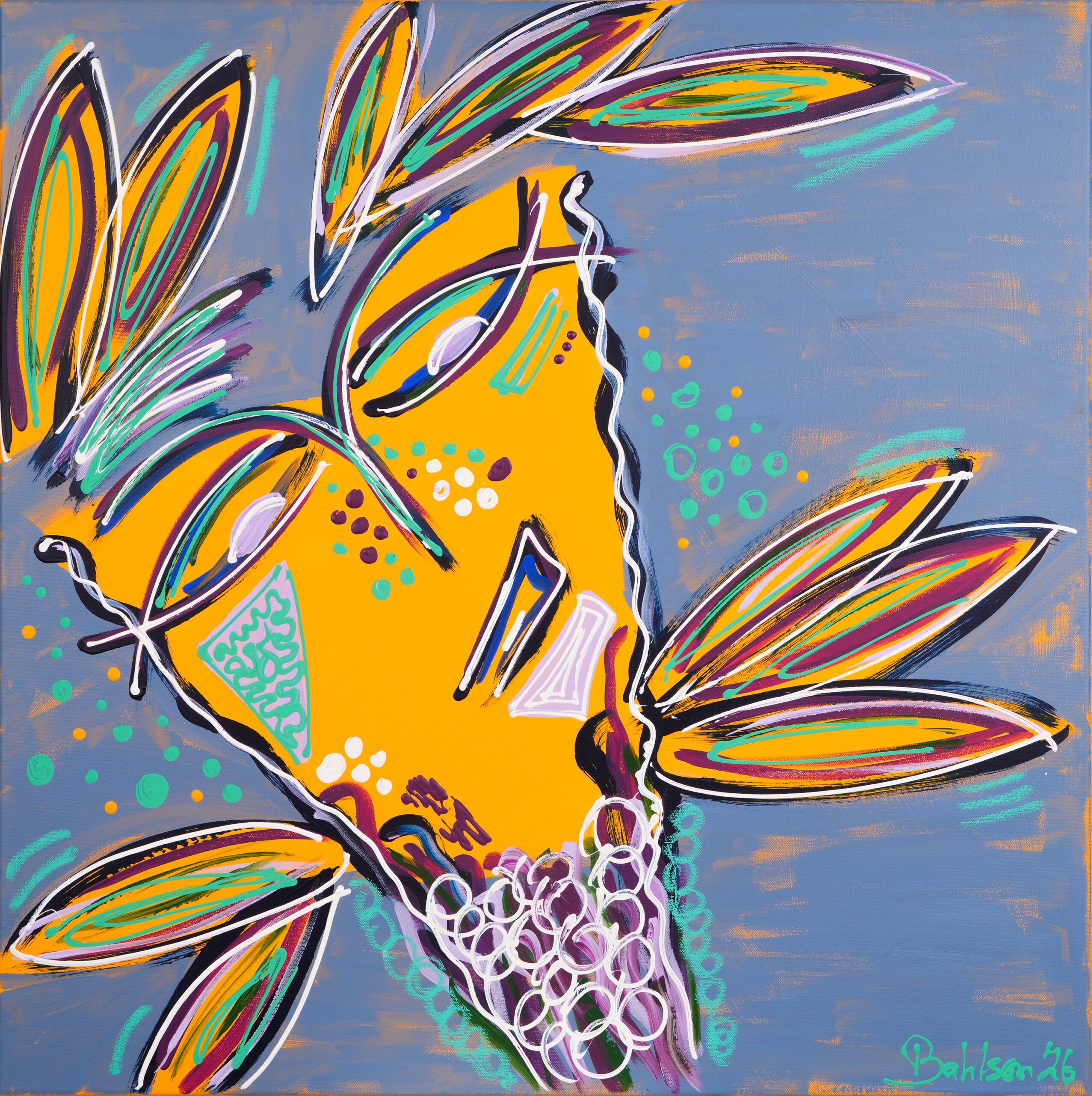 Painting of Mr. Live abroad, a abstract portrait in red, yellow, light blue on deep blue background