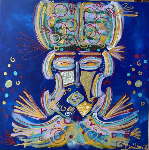 Painting of Mr. Live abroad, a abstract portrait in red, yellow, light blue on deep blue background